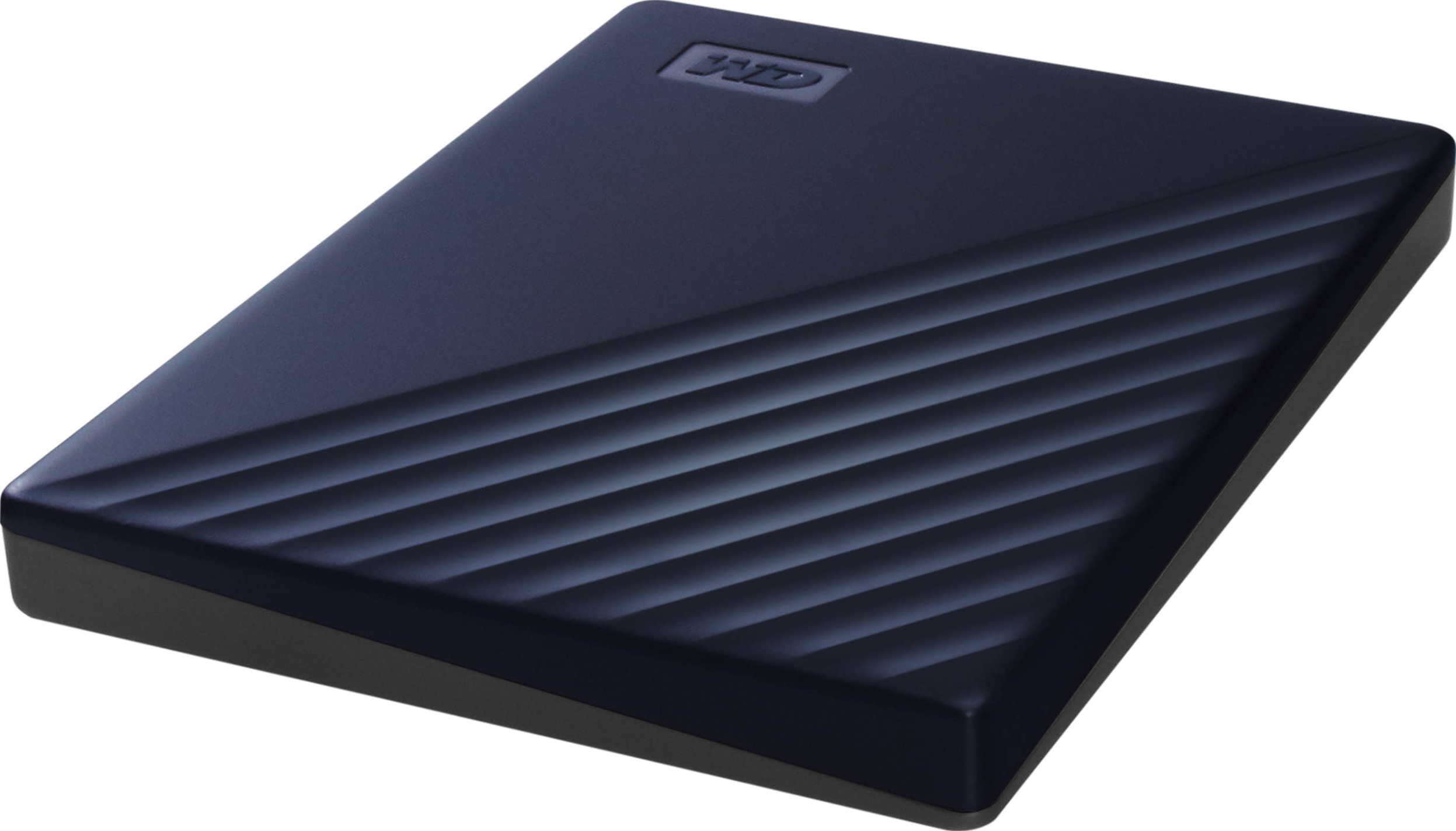 Un disco rigido rettangolare blu scuro con linee diagonali sulla parte superiore e un bordo grigio.