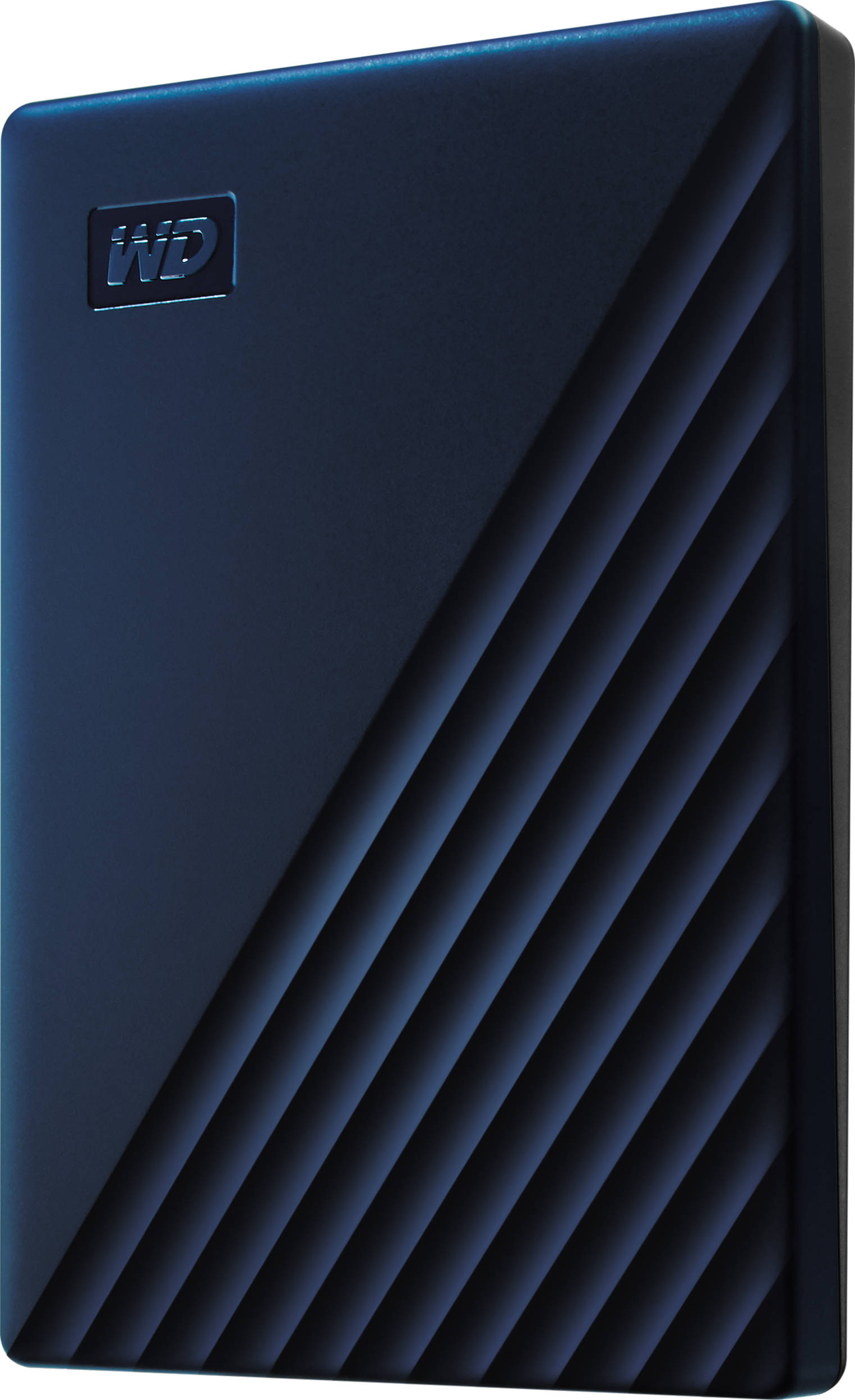 Un disco rigido portatile blu scuro con un motivo diagonale.