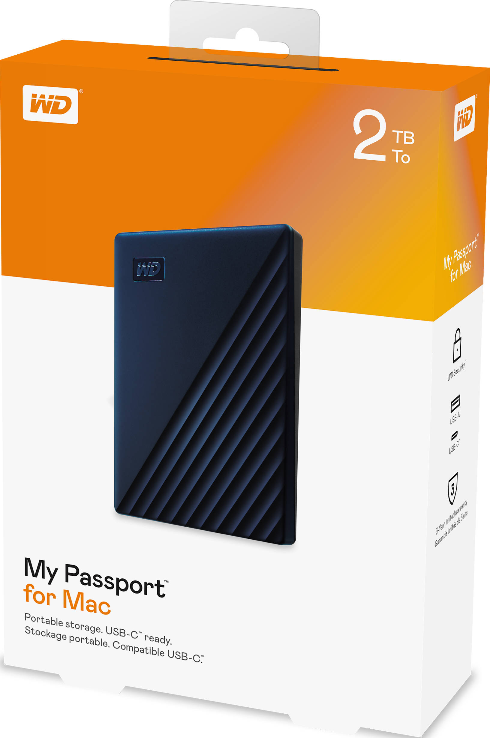 Un disco rigido portatile blu navy in una scatola arancione e bianca, etichettato My Passport per Mac.