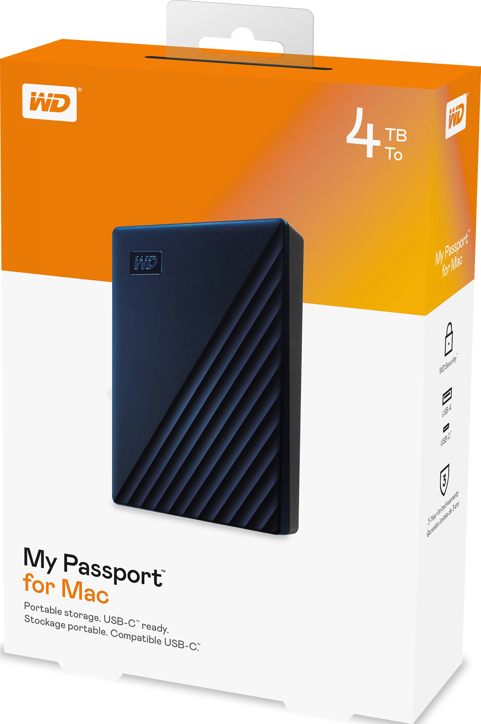 Disque dur externe WD My Passport for Mac bleu marine et son emballage.