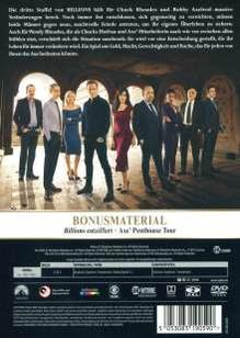 Rückseite der DVD "Billions" mit Darstellern und Text. Dunkelblauer Hintergrund mit Text.