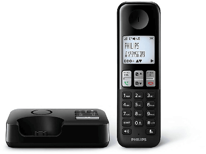 Teléfono inalámbrico - Philips D255, 50 contactos, Manos libres, Contestador, Negro