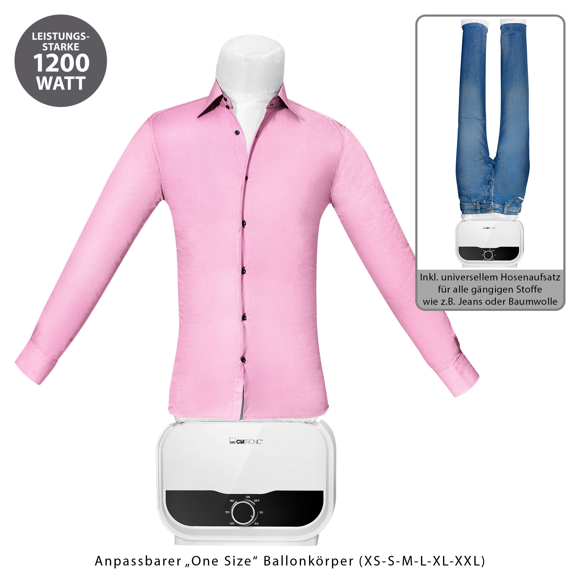Rosa Hemd auf einer Büste, mit einer Jeans-Trockenmaschine. Weißer Hintergrund mit Text.