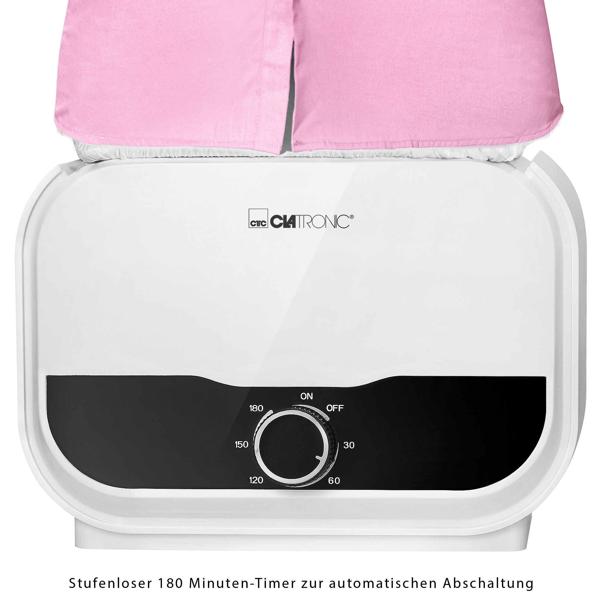 Weißer und schwarzer Wäschetrockner mit einem rosa Hemd oben. Bedienfeld sichtbar.