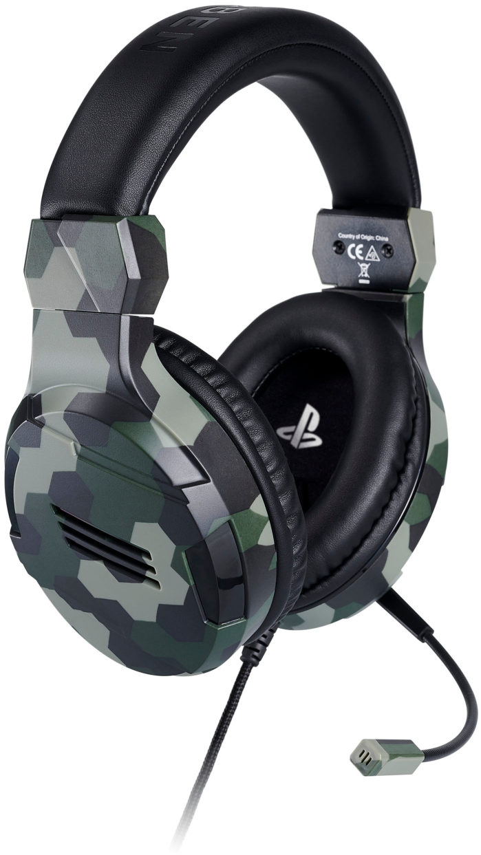 Tarnkopfhörer mit Mikrofon. Schwarze Ohrmuscheln und Kopfband. PlayStation-Logo.