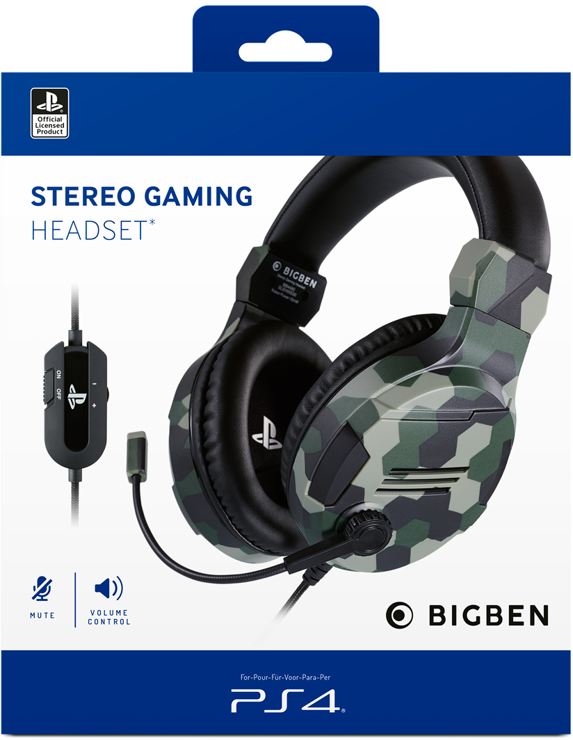 Gaming-Headset mit Tarnmuster, mit Mikrofon und Lautstärkeregelung.