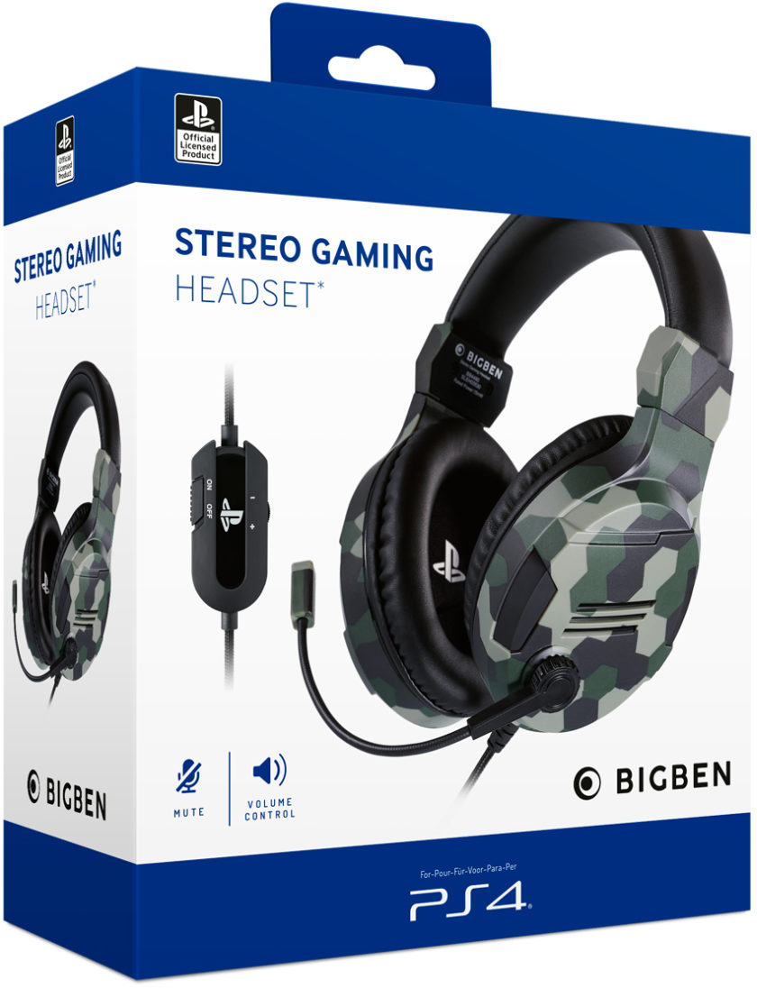 Eine Schachtel mit Bigben Stereo-Gaming-Headset mit Tarnmuster und PS4-Logo.