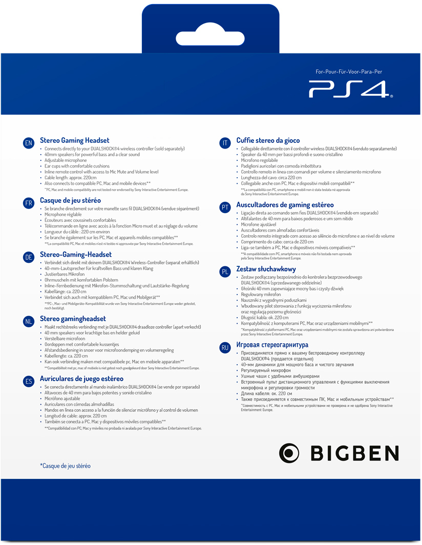 Verpackung für ein PS4 Stereo-Gaming-Headset, mit mehrsprachigem Text und Produktdetails.