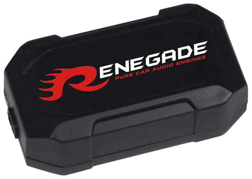 Schwarzes Audiogerät mit dem Wort 'RENEGADE' in weißem Text mit rotem Flammenlogo oben.