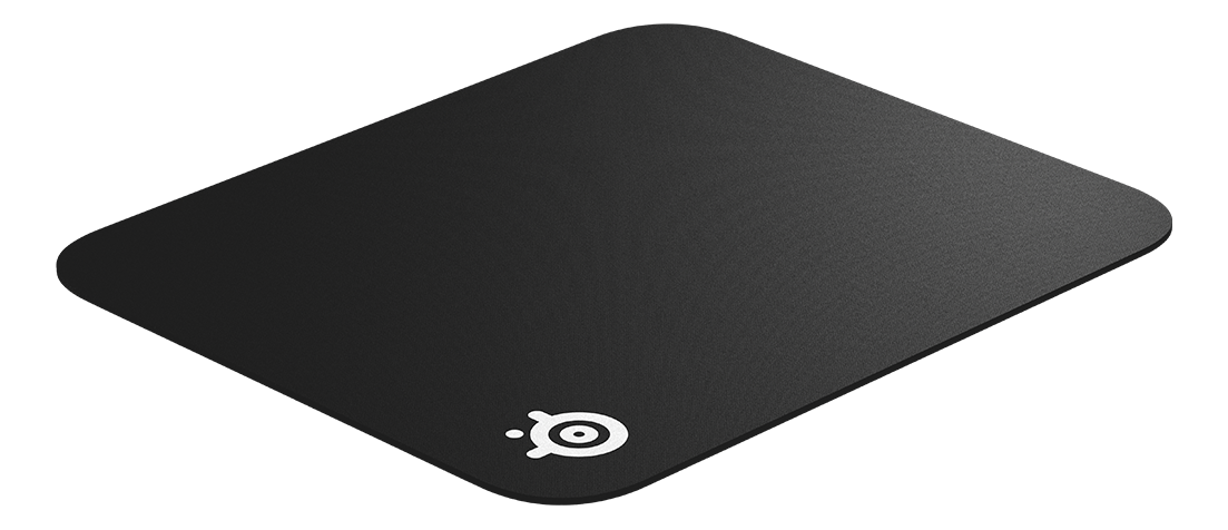 Tapis de souris noir avec un logo blanc dans le coin inférieur droit.