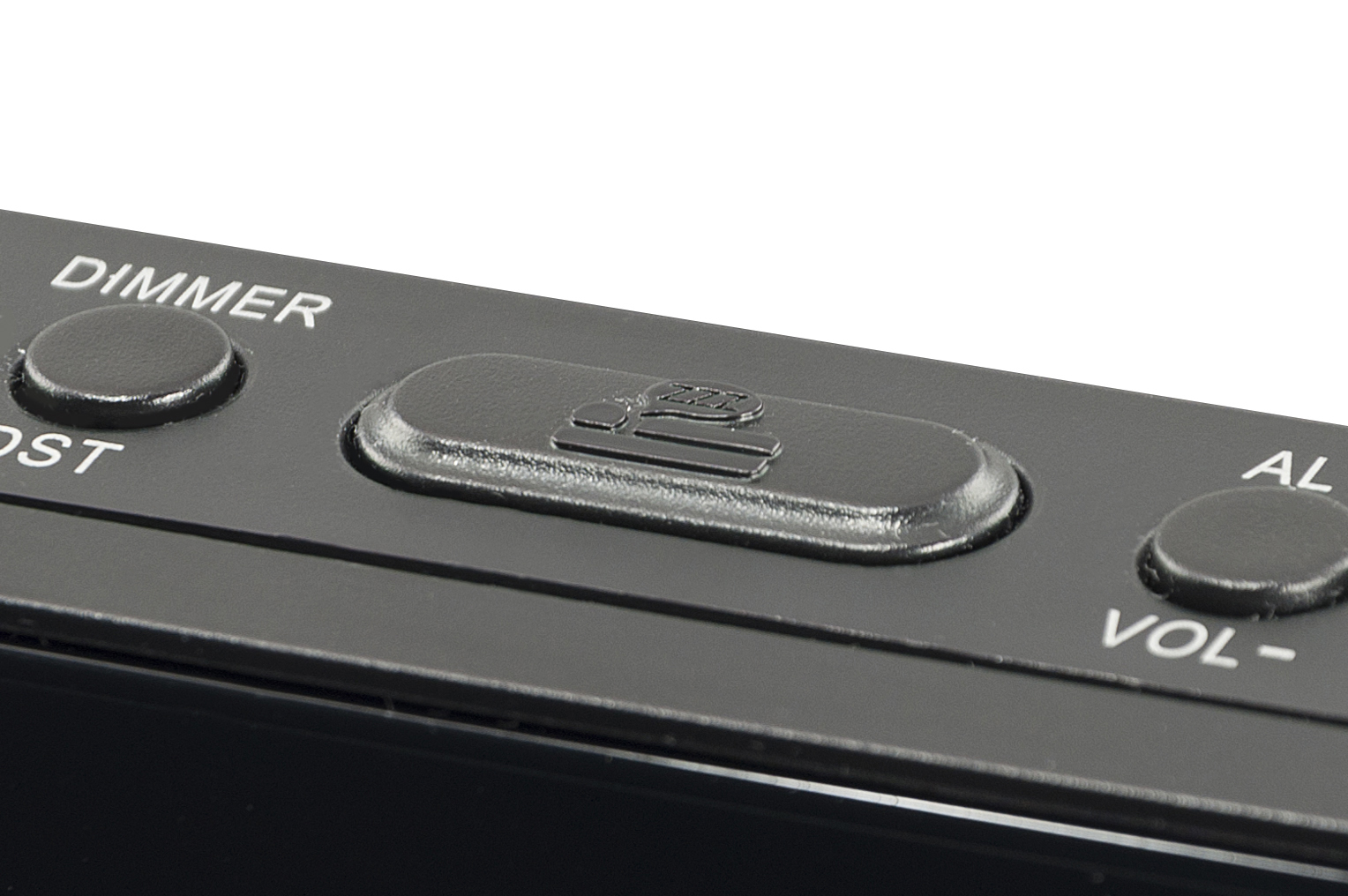 Nahaufnahme eines schwarzen Bedienfelds mit den Beschriftungen: Dimmer, Boost, Lautstärke. Weißer Hintergrund.