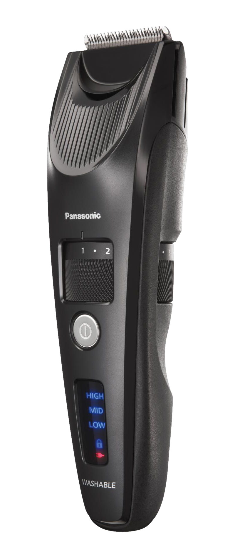 Tondeuse à cheveux noire. Dispose d'un bouton d'alimentation et de réglages numérotés. Sur fond blanc.