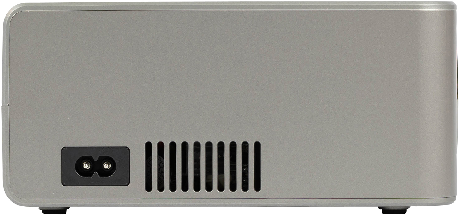 Back of a grey projector with ventilation, power input, and feet.