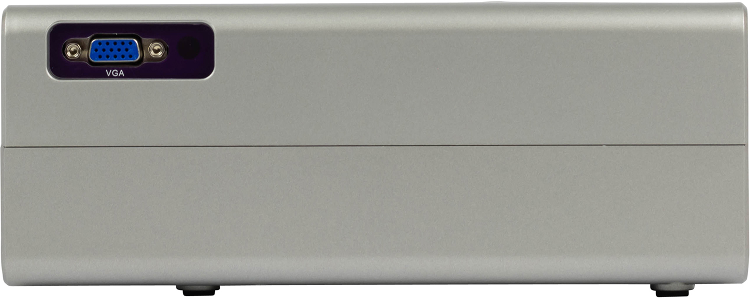 Silver projector back panel with a VGA port and black feet. The surface is smooth and reflective.