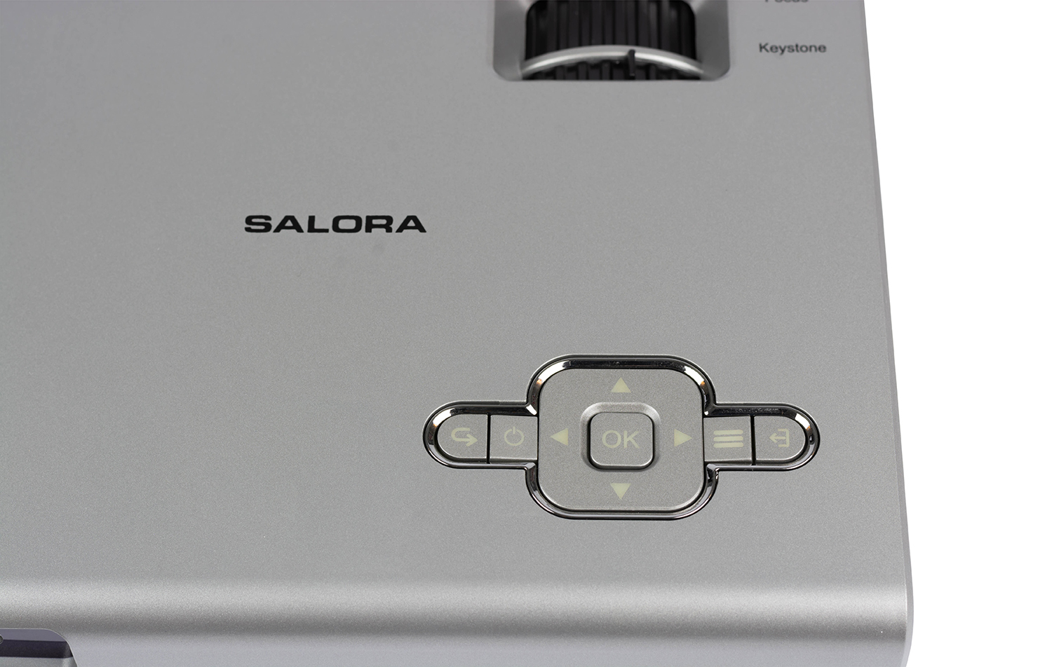 Gray projector with control buttons on top.