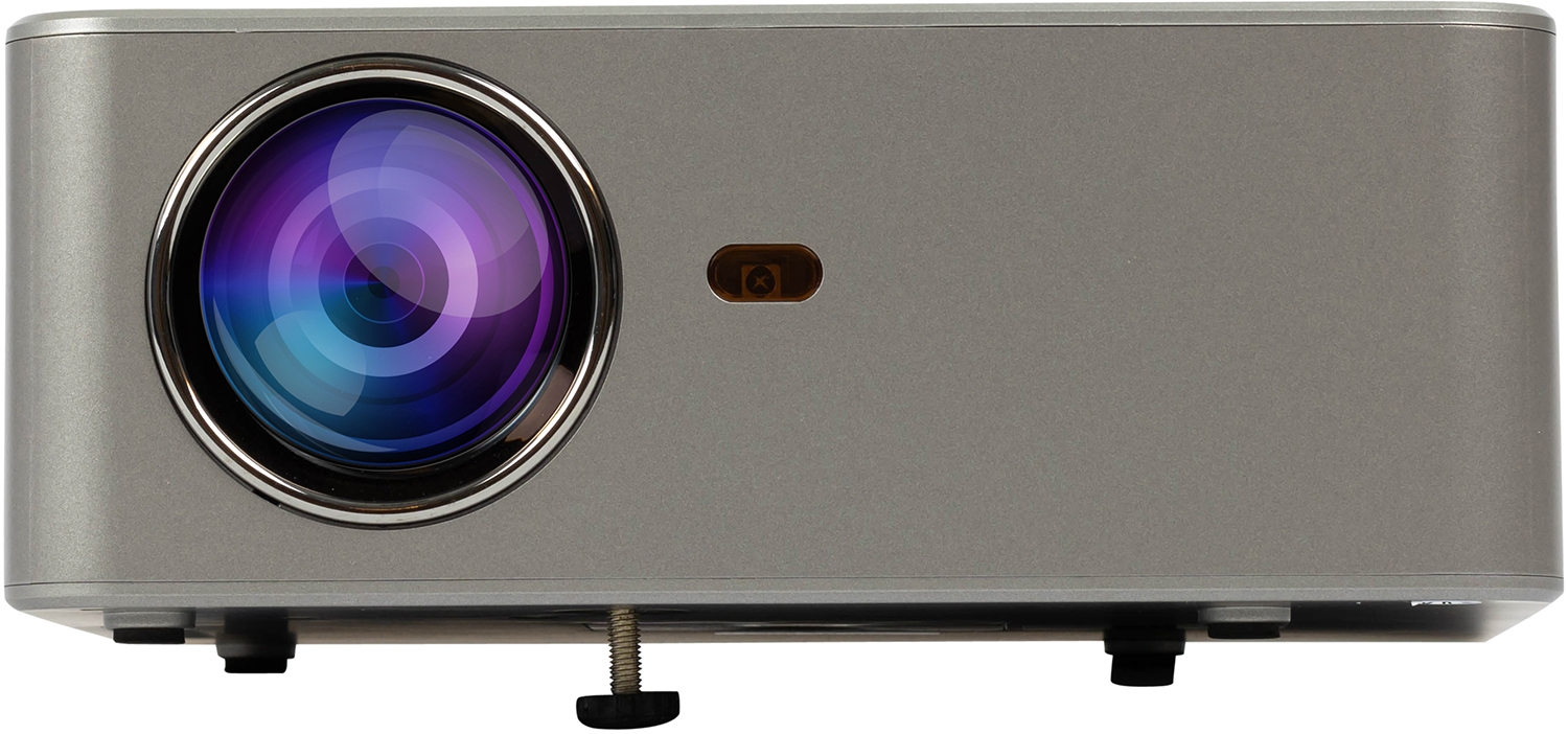 Silver projector with a lens and a light indicator.