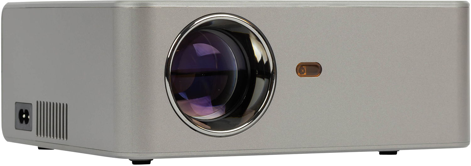 A silver projector with a lens, power input, and a small orange light.