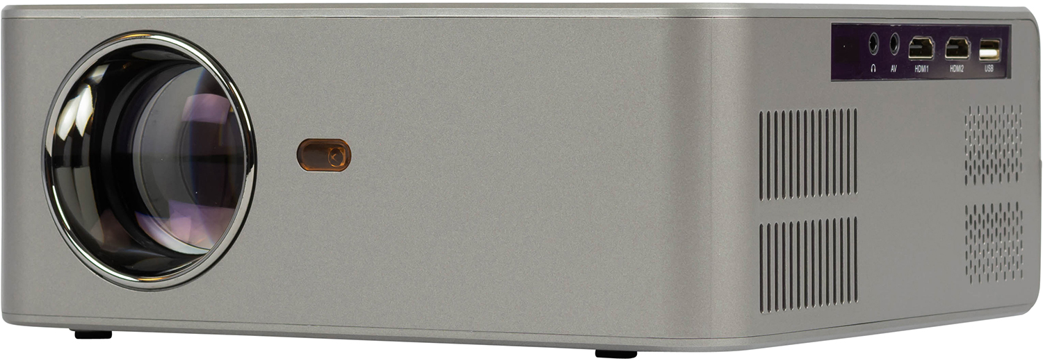 A silver projector with ports and vents on the side. The lens is round. The background is white.