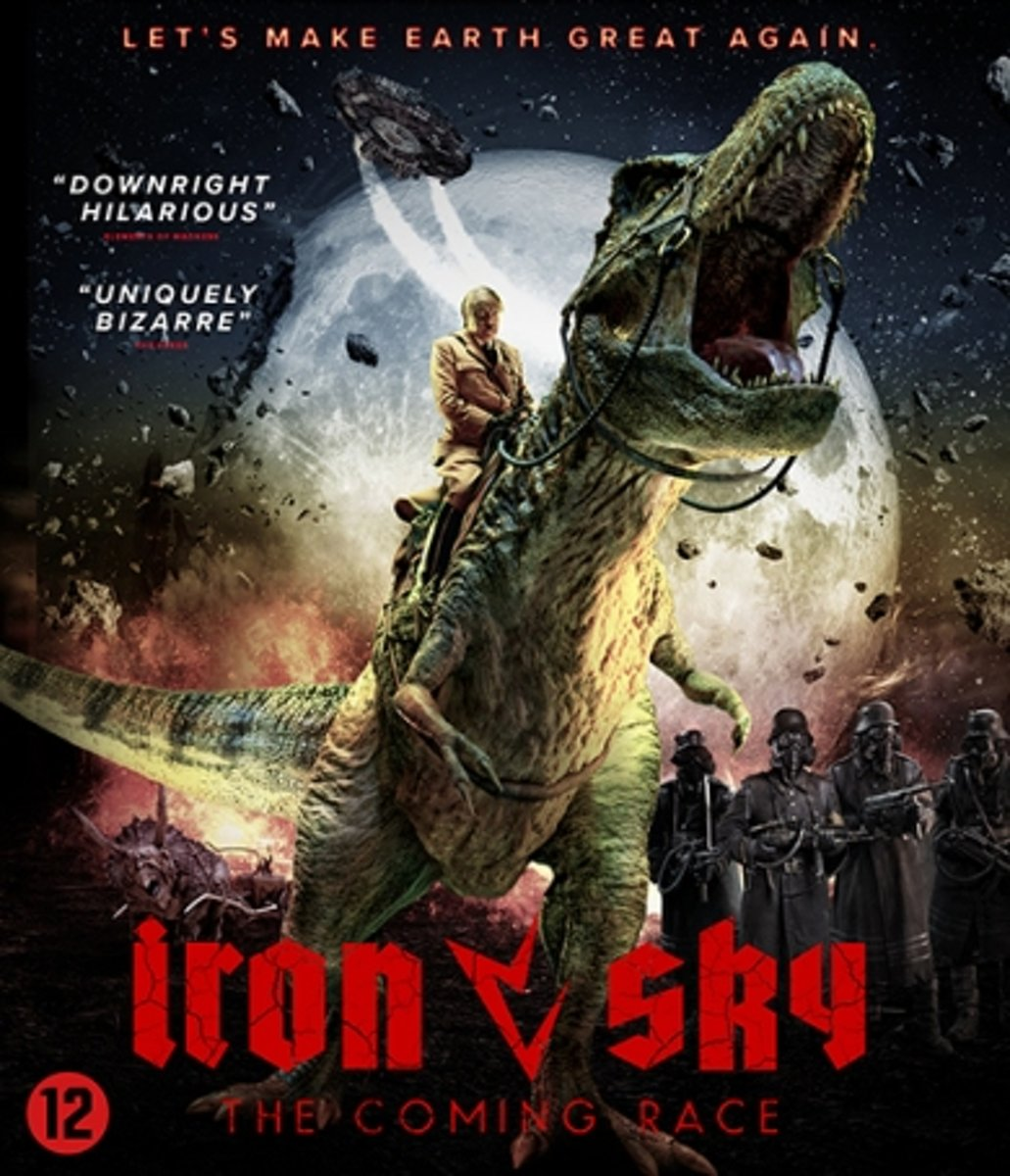 Affiche de film d'un T-Rex monté par un homme, avec des soldats, contre un ciel éclairé par la lune.