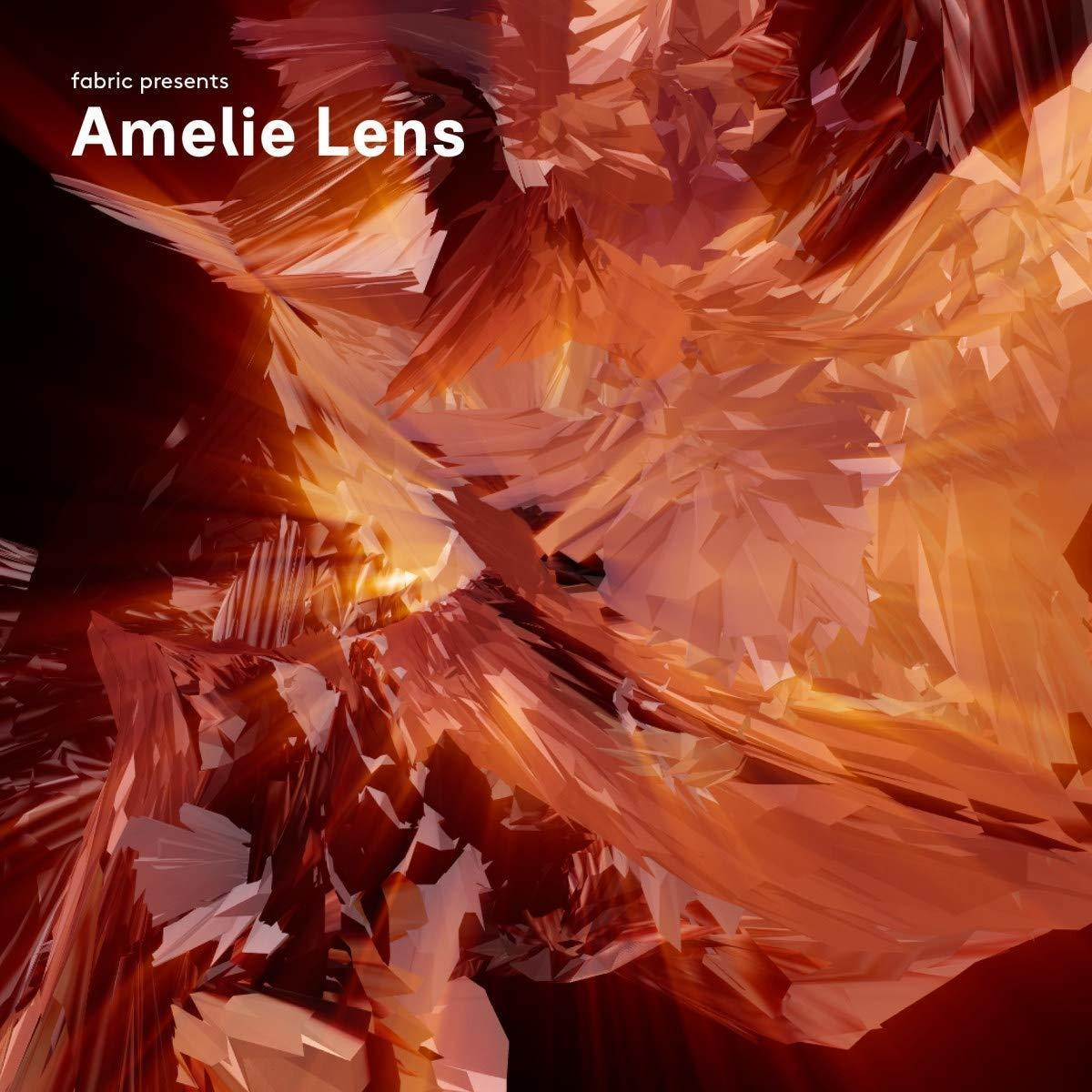 Abstrakte Kunst mit orangefarbenen und braunen Farben. Die Worte 'fabric presents Amelie Lens' sind sichtbar.