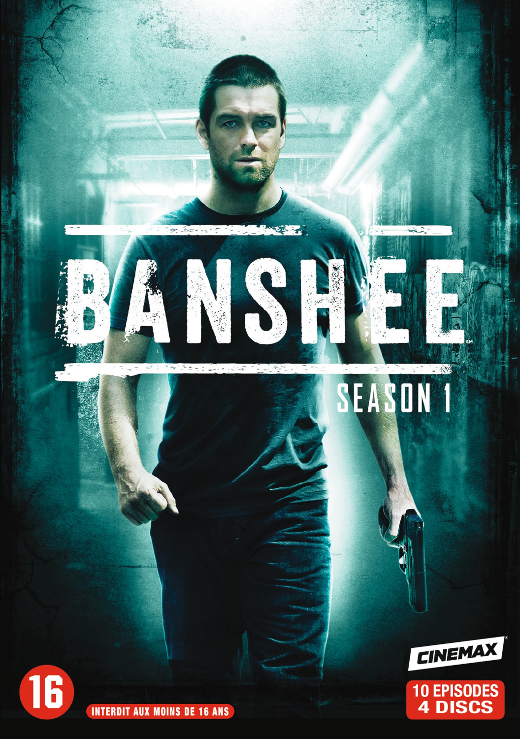 Banshee Seizoen 1 dvd-hoes. Een man met een pistool, met een blauwe achtergrond.