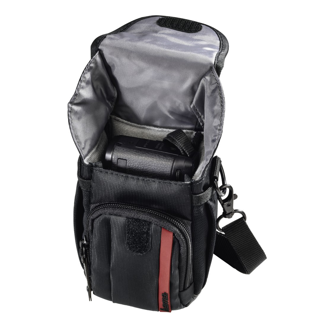 A black camera bag open, revealing a camera inside. Red stripe detail on the side.