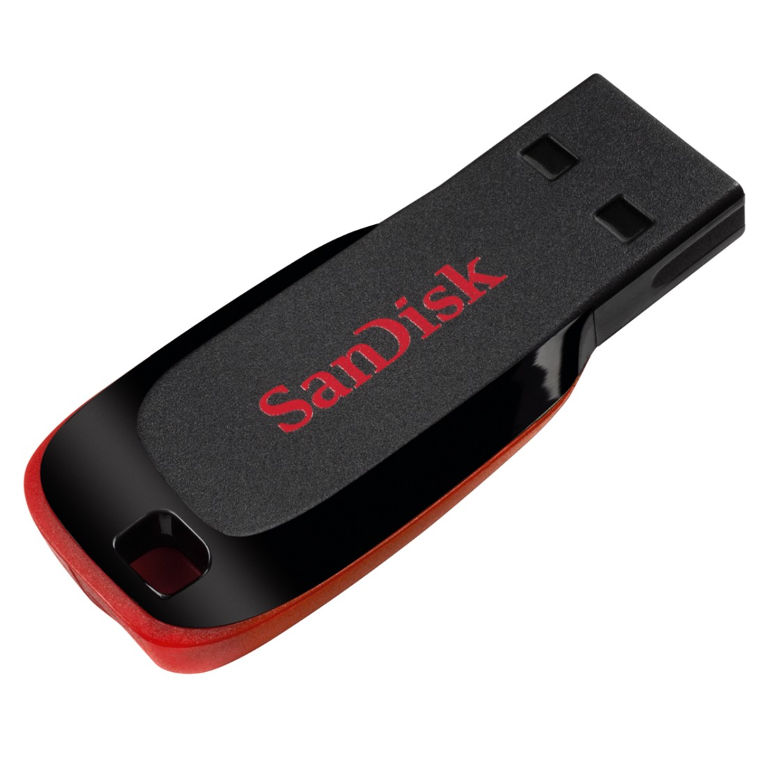 Black and red SanDisk USB flash drive, a rectangular device with the logo in red.