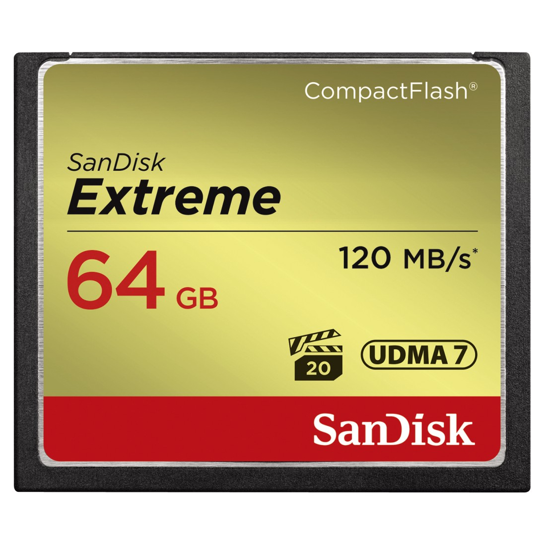 SanDisk Extreme 64GB CompactFlash-kaart met rode en gouden kleuren, zwarte randen.