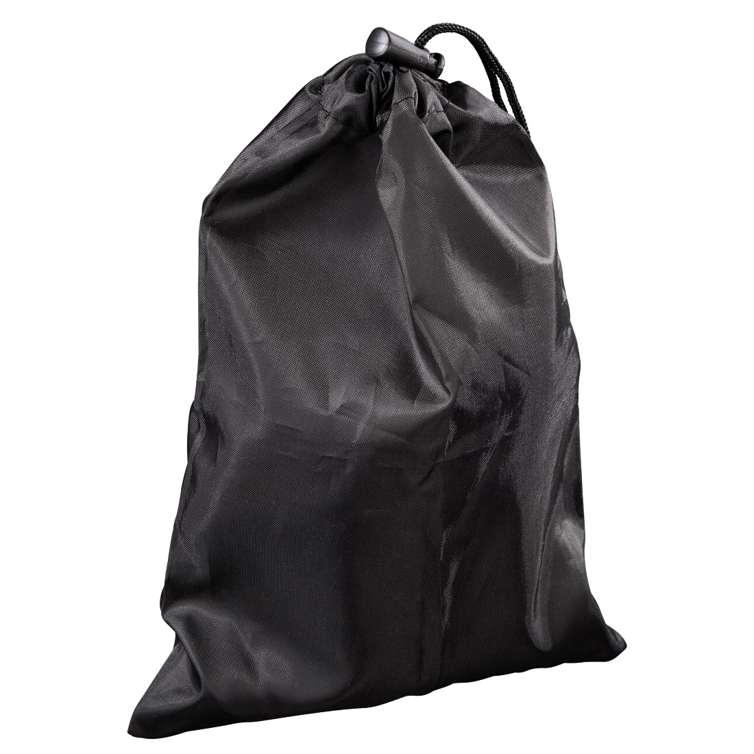 Black drawstring bag, fabric texture visible. Top has a black toggle. White background.