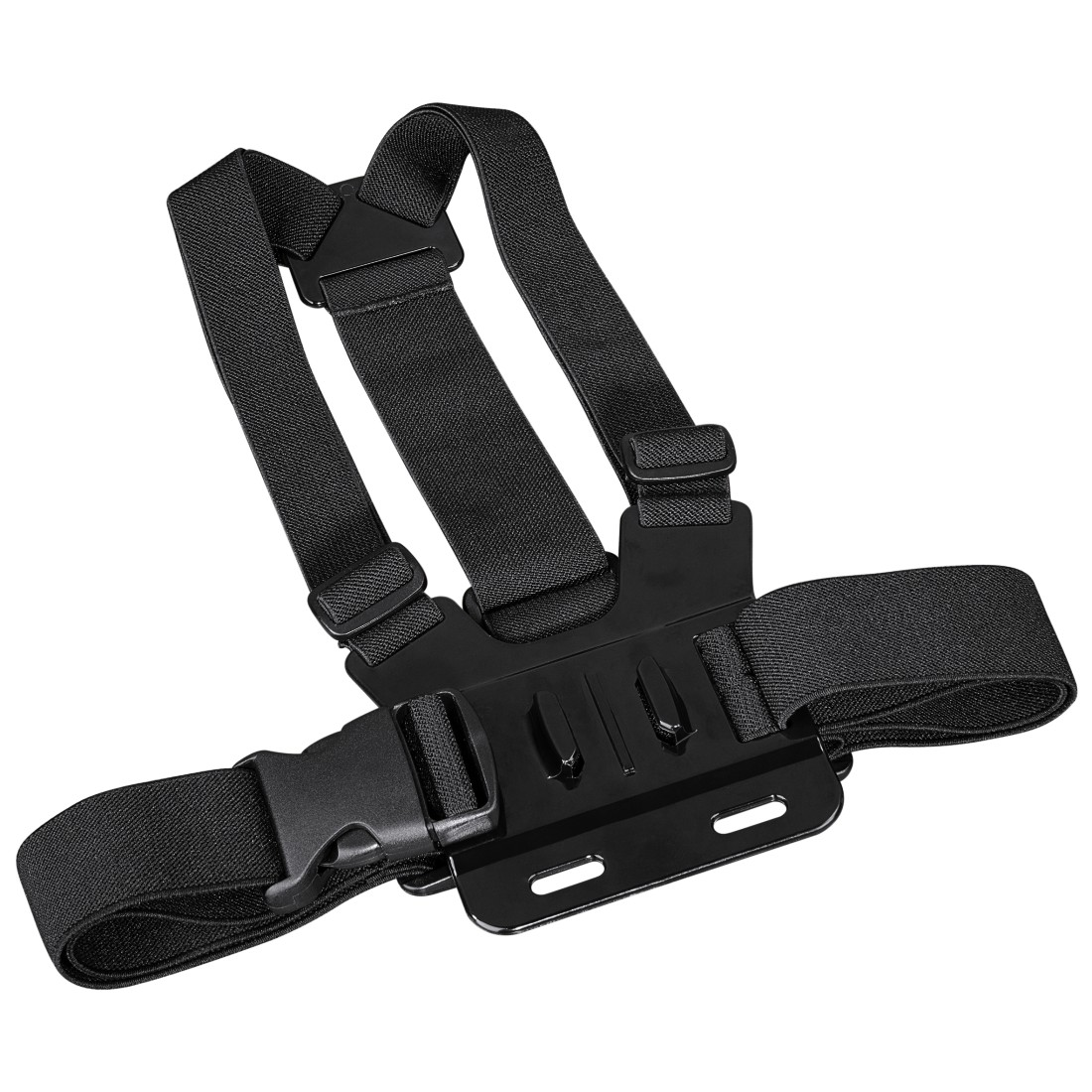 Black chest strap with adjustable straps and a buckle. It is designed for action cameras.