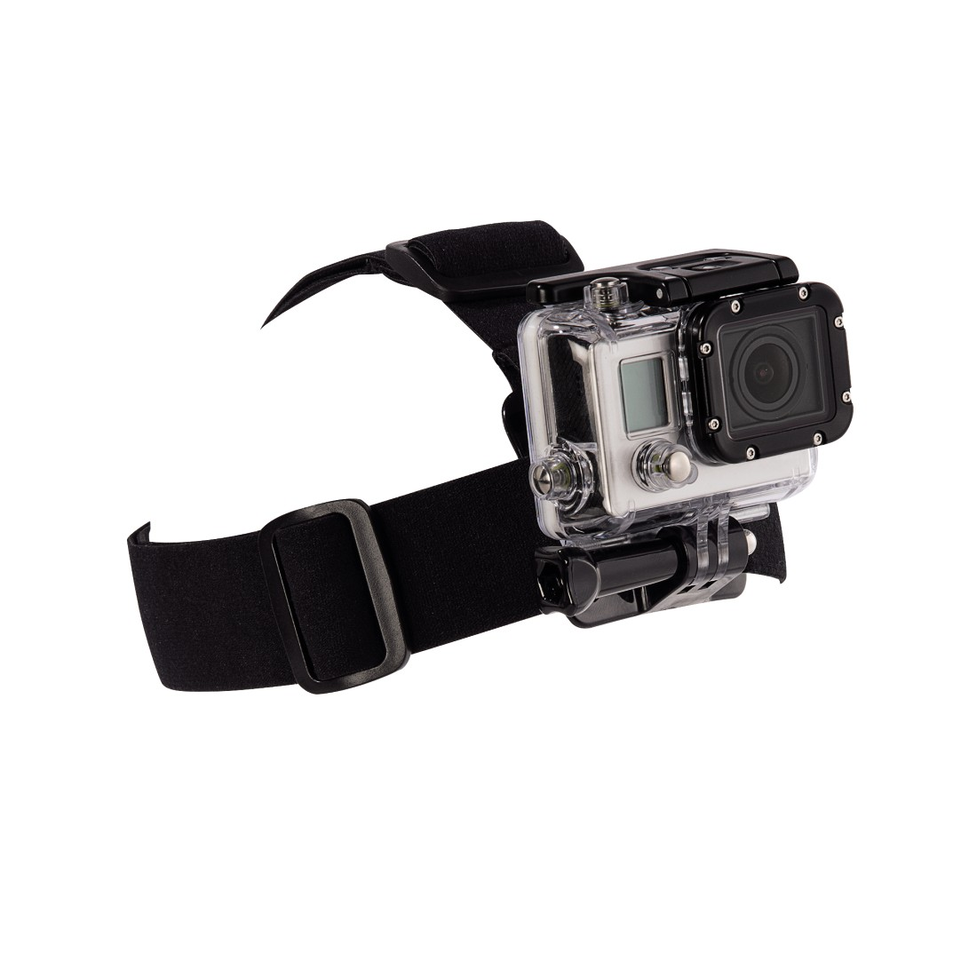 GoPro camera mounted on a head strap. Black strap and clear case.