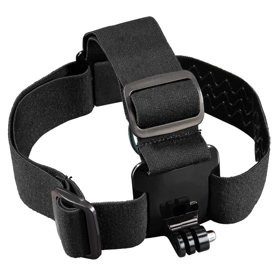 Black head strap for a camera with buckles and a mount.