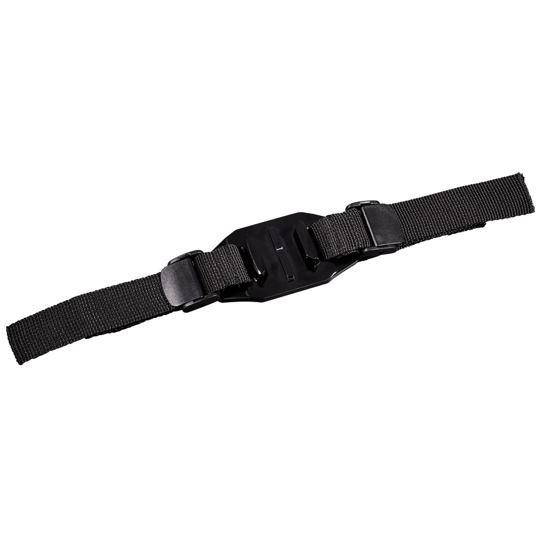 Black GoPro accessory. Black strap with a mounting plate.