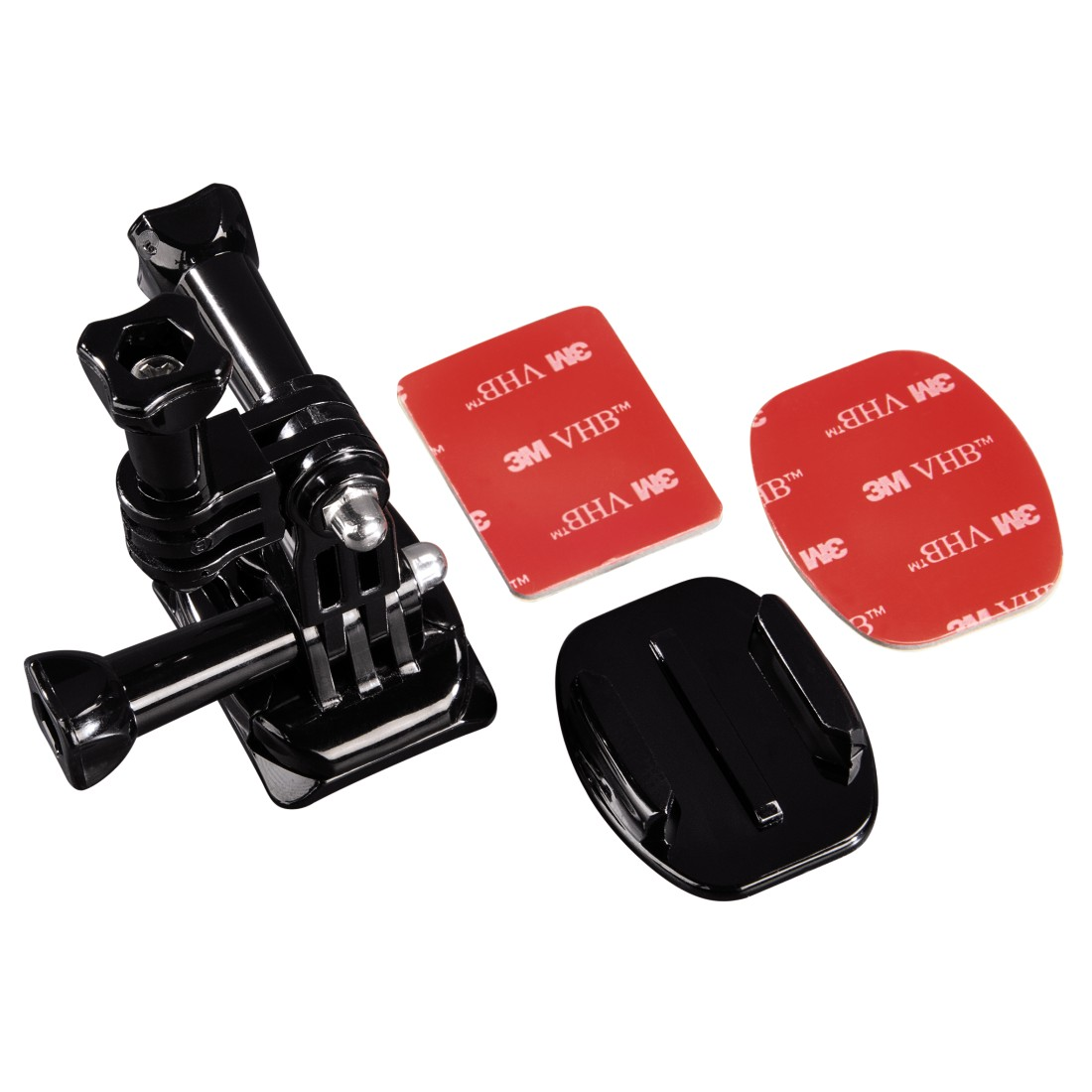 Black camera mount kit with adhesive pads. Includes a mount, two pads, and a black base.