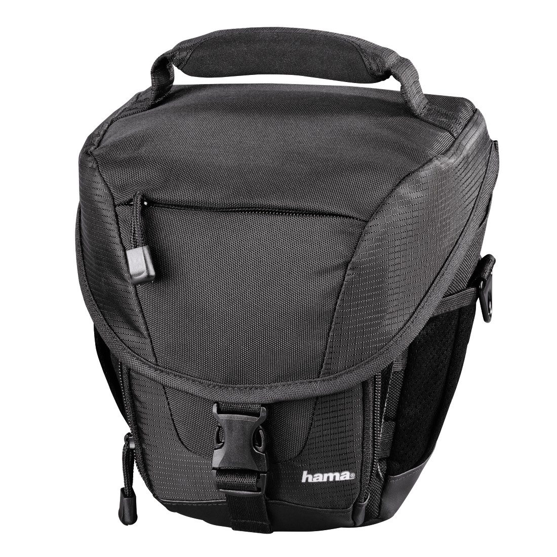Black camera bag with a top handle, zipper, and buckle closure. The label 'hama' is visible.