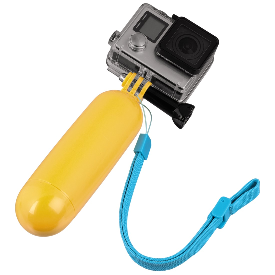 A yellow GoPro floaty with a camera attached, held by a blue wrist strap. Camera is in a case.