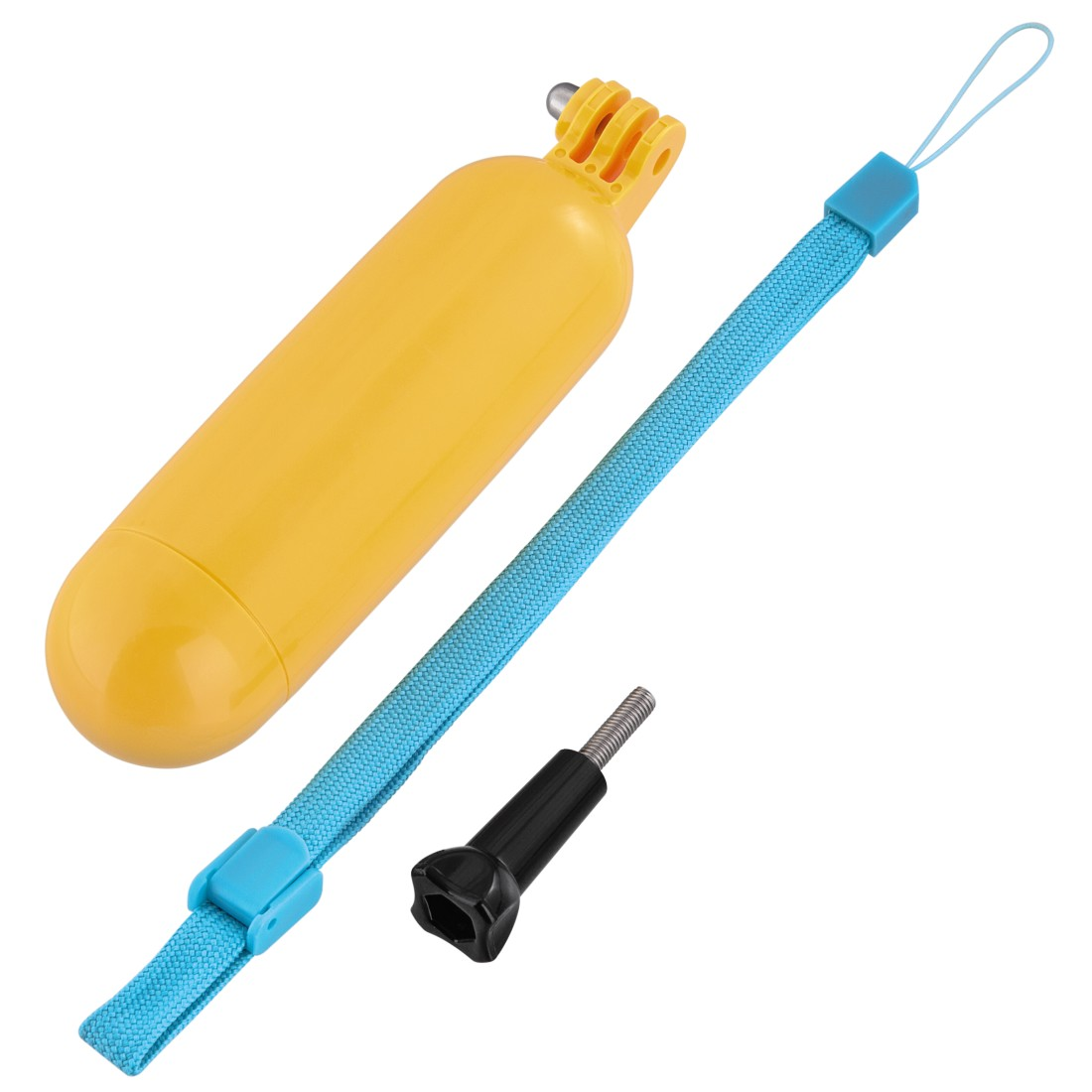 Yellow float with a blue strap, a black screw and a blue wrist strap. For action cameras.