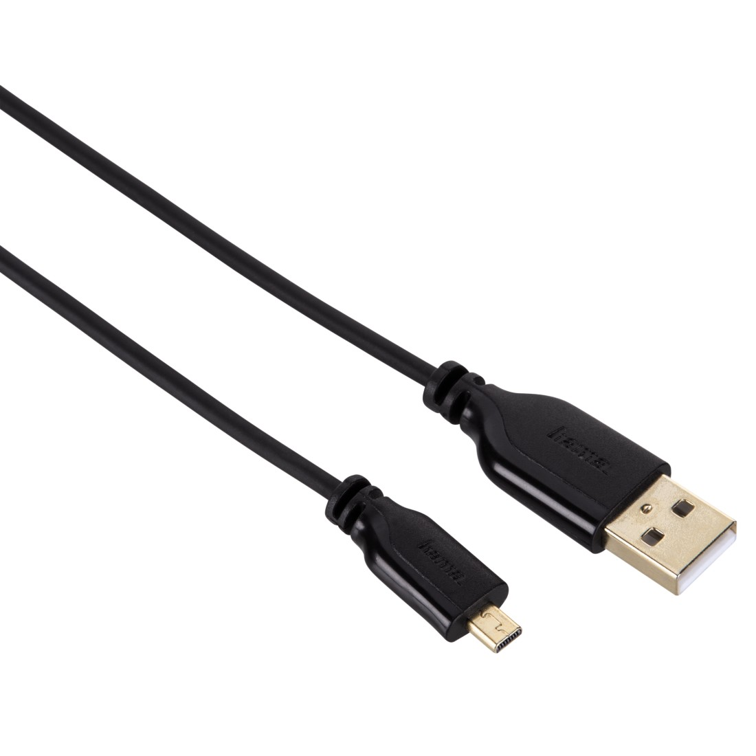 Zwarte USB-kabel met USB-A- en micro-USB-connector. Het staat op een witte achtergrond.