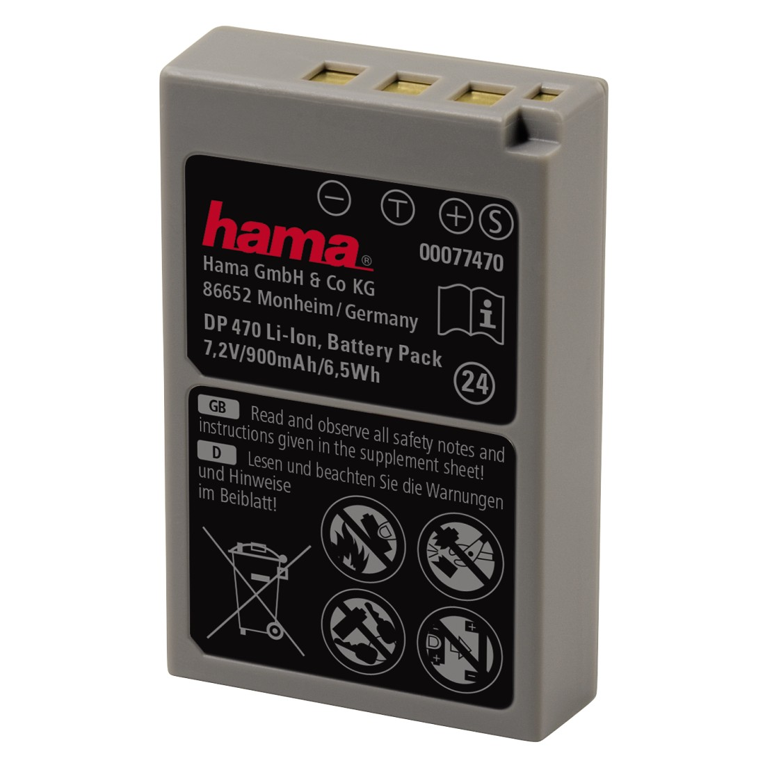 A grey Hama battery pack with black text. Has a sticker with warnings.