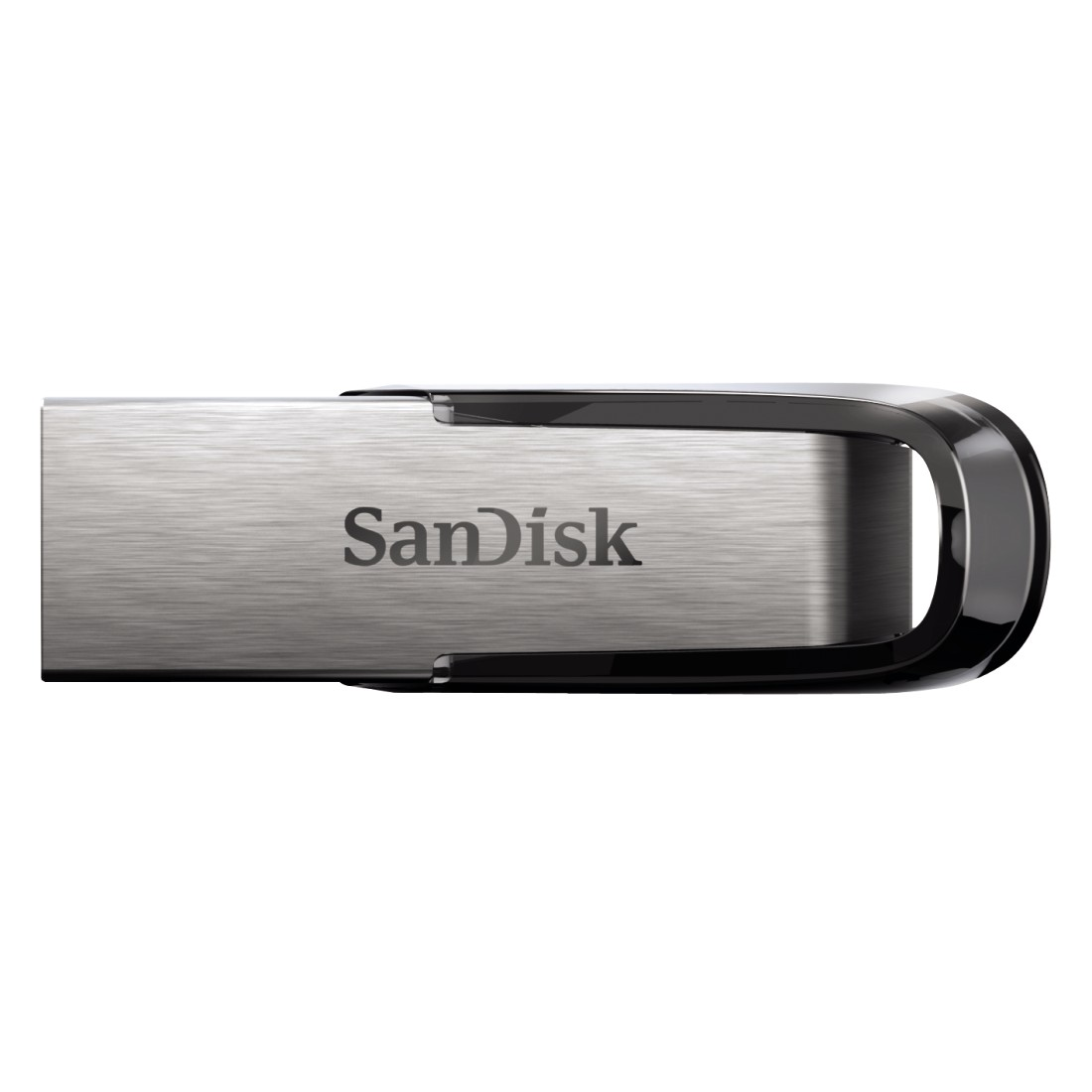 A silver USB drive with the word "SanDisk" printed on it, black edge.