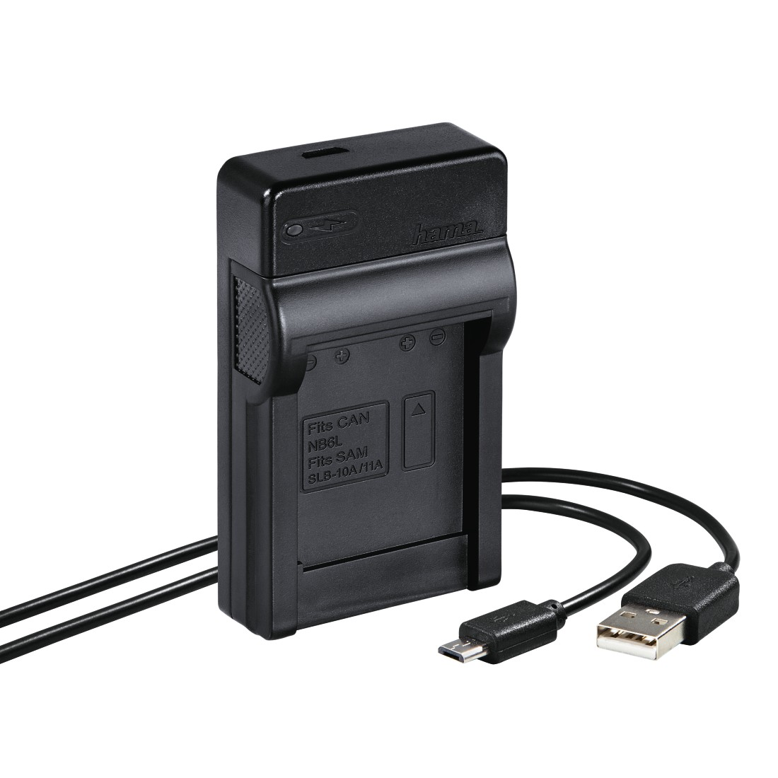 Black camera battery charger with USB cables. It has a charging slot and fits various battery models.