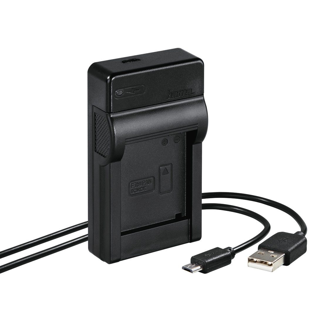 A black charger with a USB cable and a charging port for a camera battery.