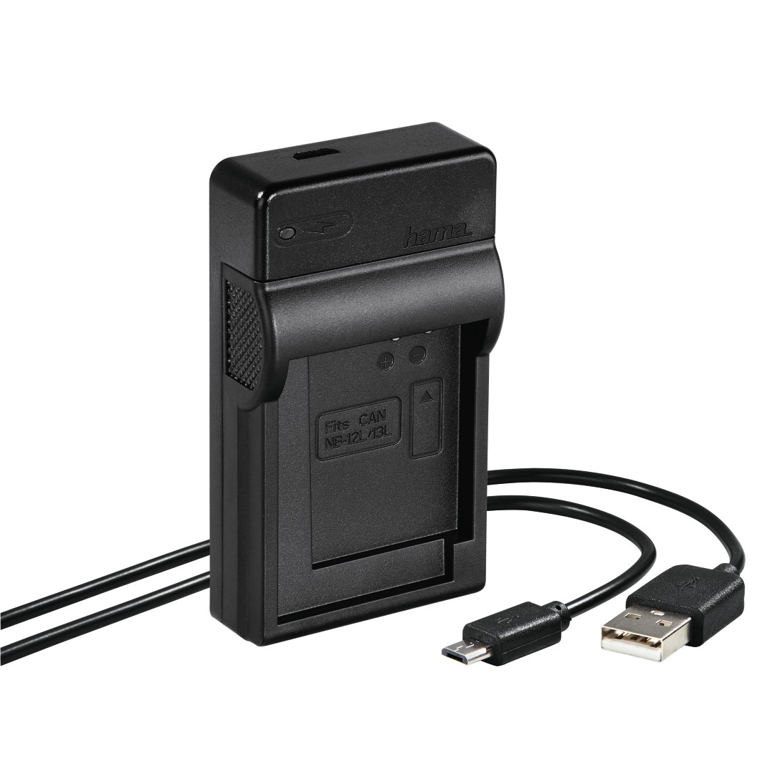 A black Hama charger with a USB cable. It has a slot for a battery and several labels.