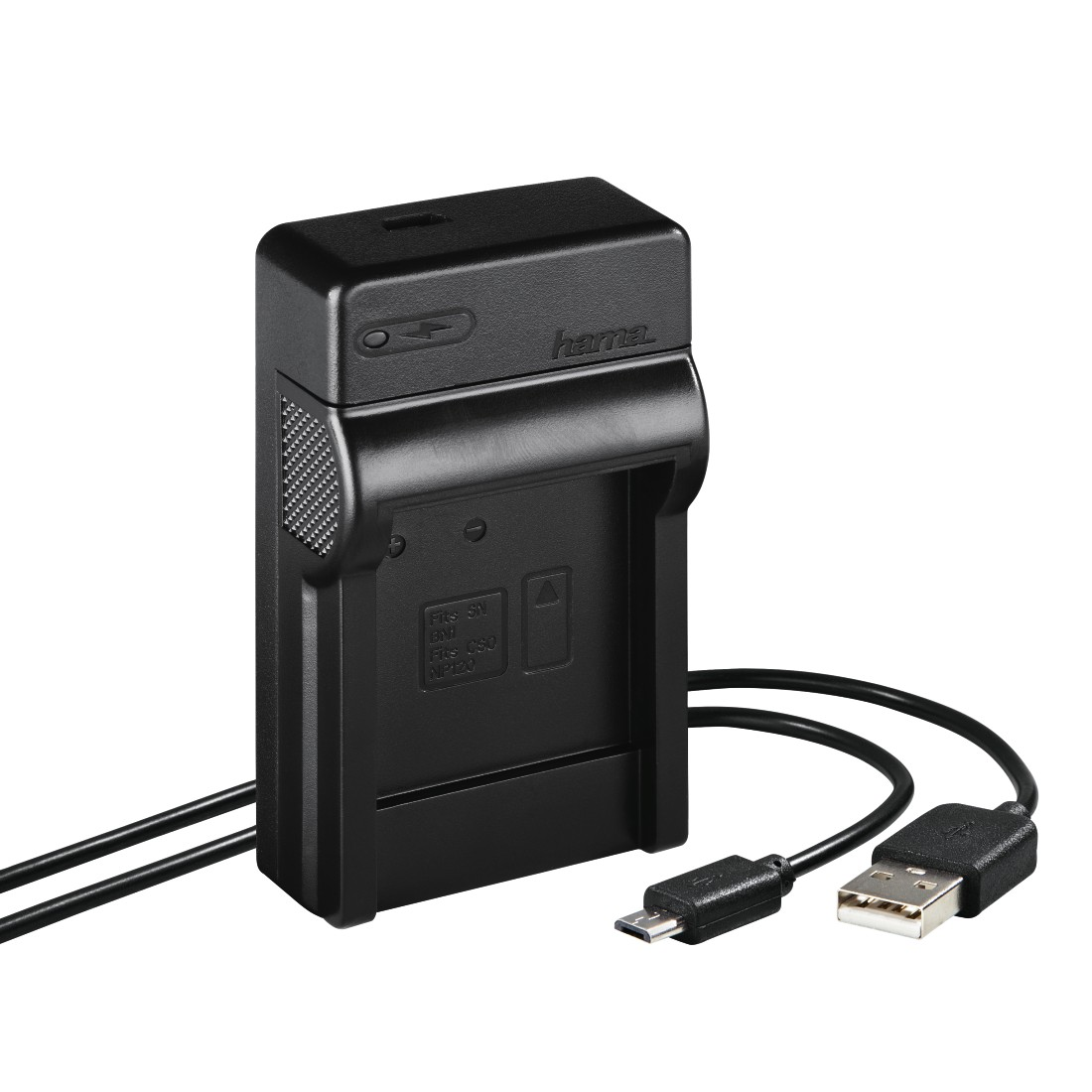 Black Hama camera battery charger. USB cable connected. Black background.