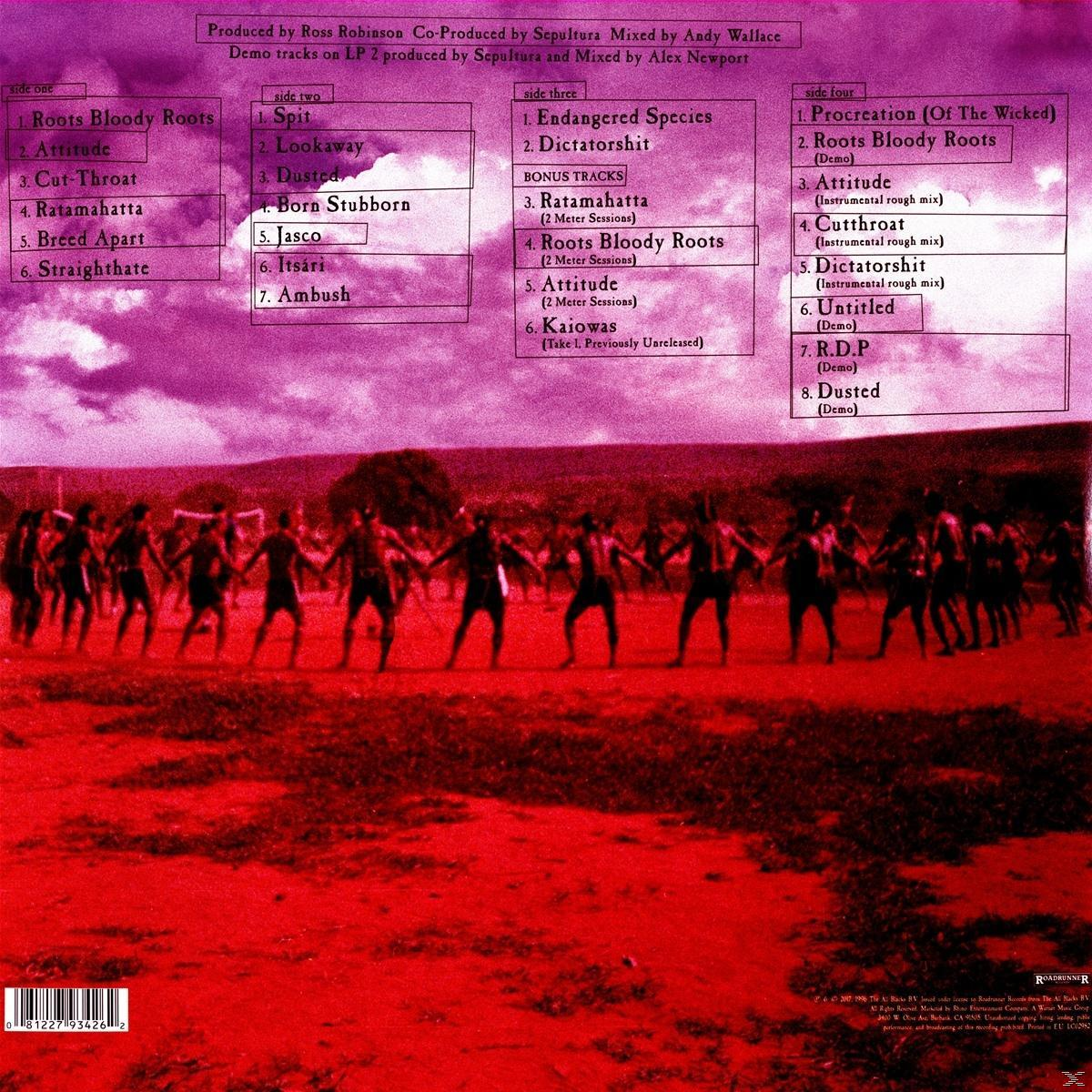 Album hátlap, számlistával. Emberek állnak, album borító. Piros és lila színvilág.