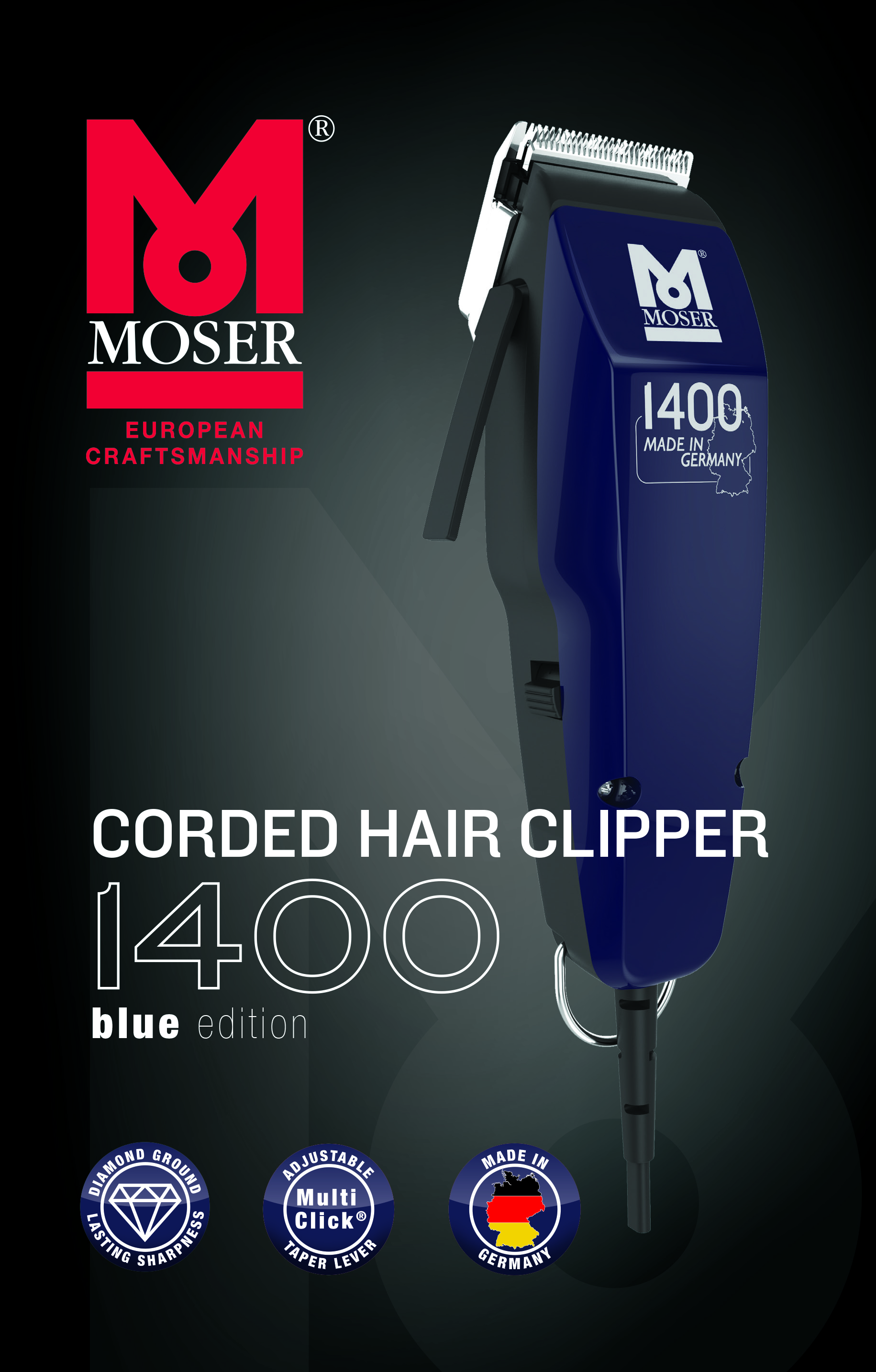 Mavi Moser saç kesme makinesi. Metin: Kablolu Saç Kesme Makinesi 1400 mavi sürüm. Made in Germany.