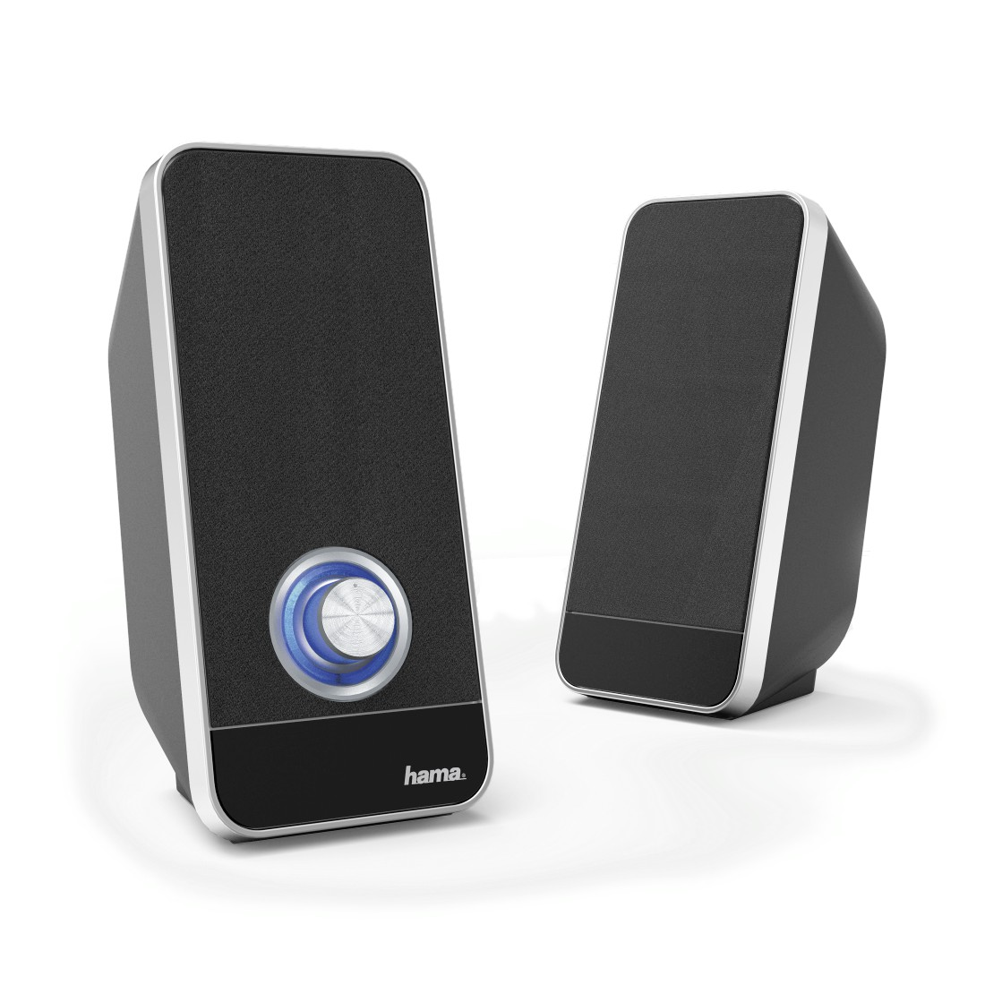 Pair of black speakers with silver accents. Volume control with blue light.