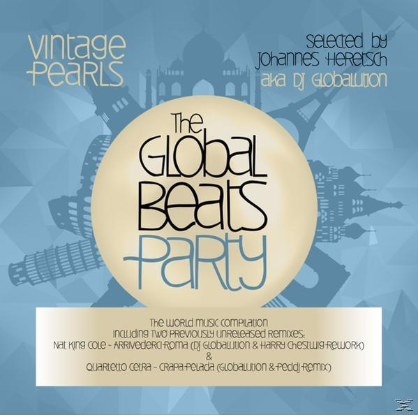 Albumcover mit Text 'The Global Beats Party' und verschiedenen Stadtillustrationen.