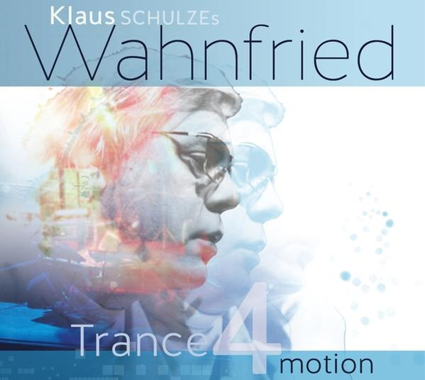 Klaus Schulze Albumcover. Gesicht des Mannes mit Bildern überlagert, Titel: 'Wahnfried', 'Trance 4 Motion'.