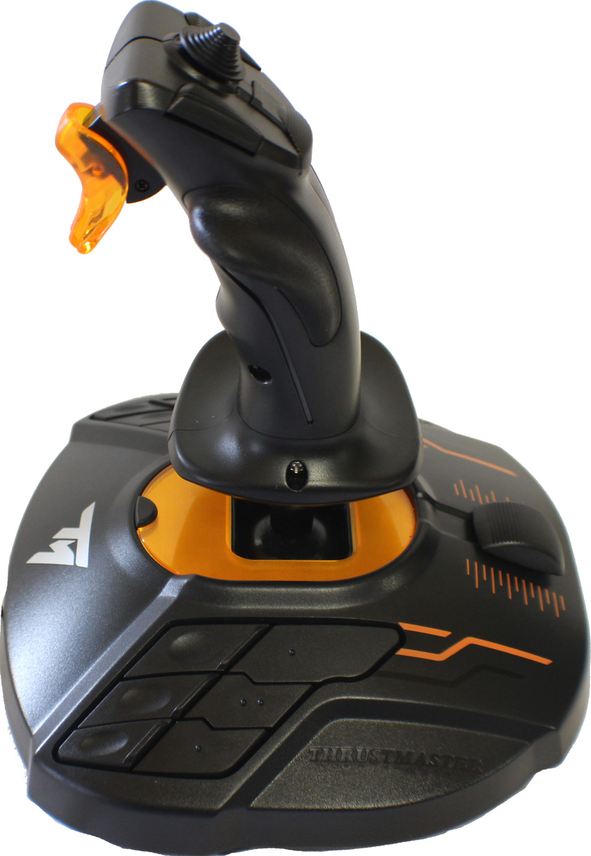 Ein schwarzer und orangefarbener Joystick mit Knöpfen und einem Auslöser.